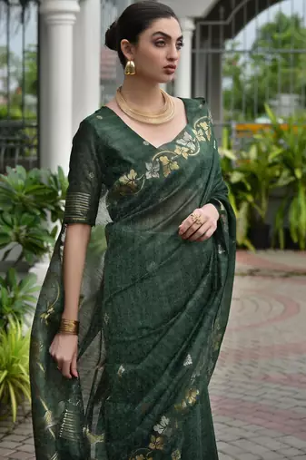 dark green double shaded jute linen silk saree