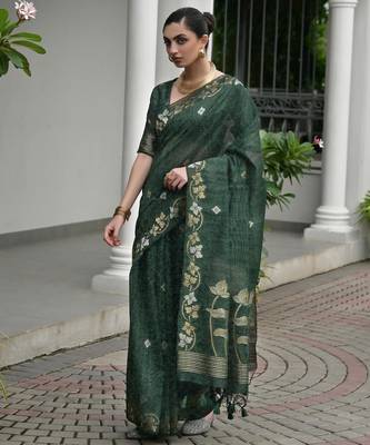 dark green double shaded jute linen silk saree 4