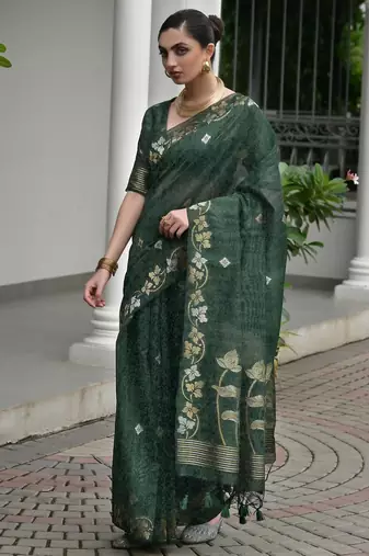 dark green double shaded jute linen silk saree