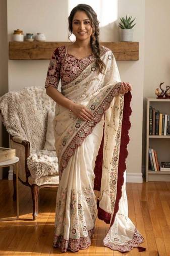 Cream silk blend embroidered saree