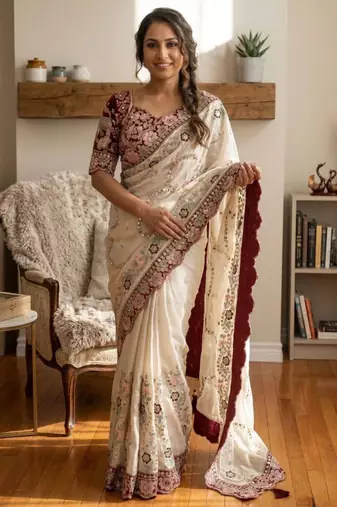 Cream silk blend embroidered saree