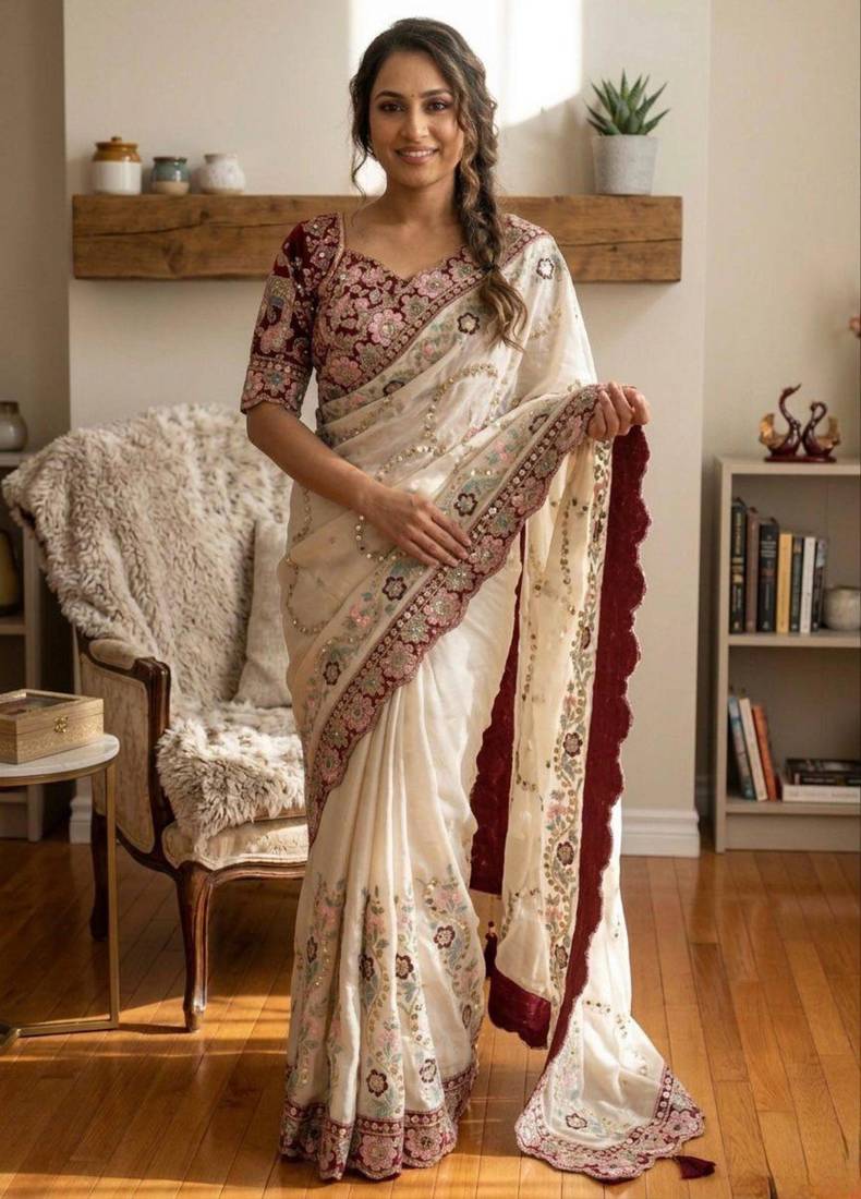 Cream silk blend embroidered saree