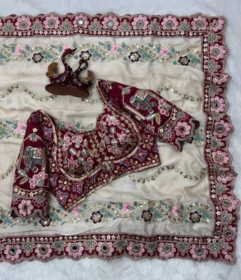 cream silk blend embroidered saree with velvet blouse 2
