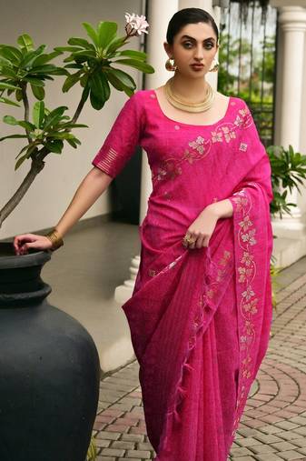 Hot pink color double shaded zari weaves jute linen silk saree