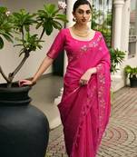 Hot pink color double shaded zari weaves jute linen silk saree