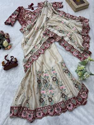 cream silk blend embroidered saree with velvet blouse 3