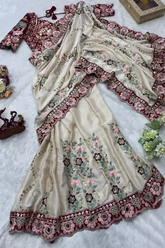 cream silk blend embroidered saree with velvet blouse