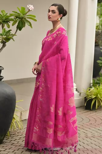 hot pink double shaded jute linen silk saree