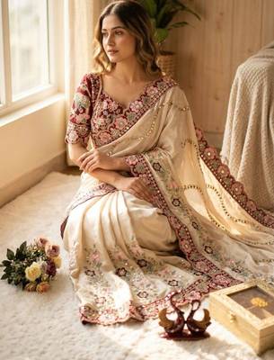 cream silk blend embroidered saree with velvet blouse 4