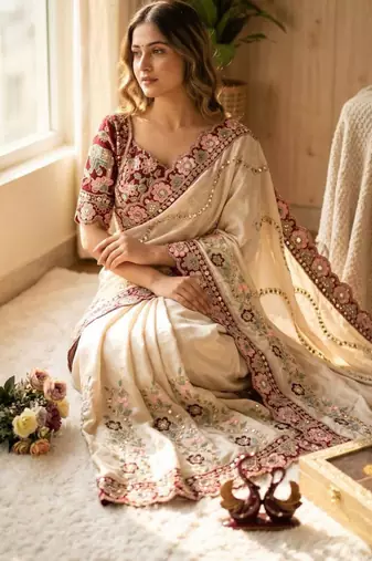 cream silk blend embroidered saree with velvet blouse