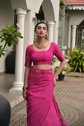 hot pink double shaded jute linen silk saree