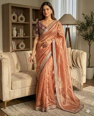 peach satin embroidered saree with designer maroon blouse 1