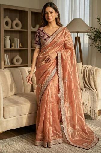 Peach satin embroidered saree