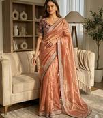 Peach satin embroidered saree