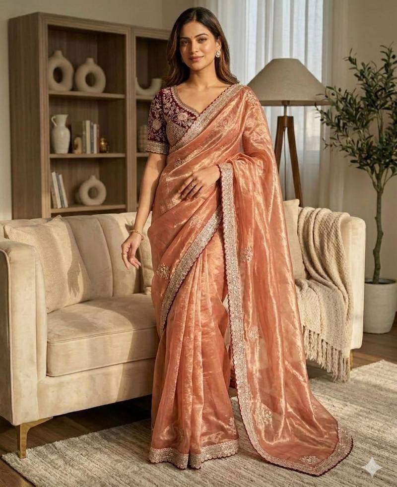 Peach satin embroidered saree