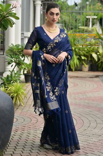 Navy blue color double shaded zari weaves jute linen silk saree