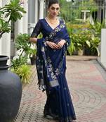 Navy blue color double shaded zari weaves jute linen silk saree
