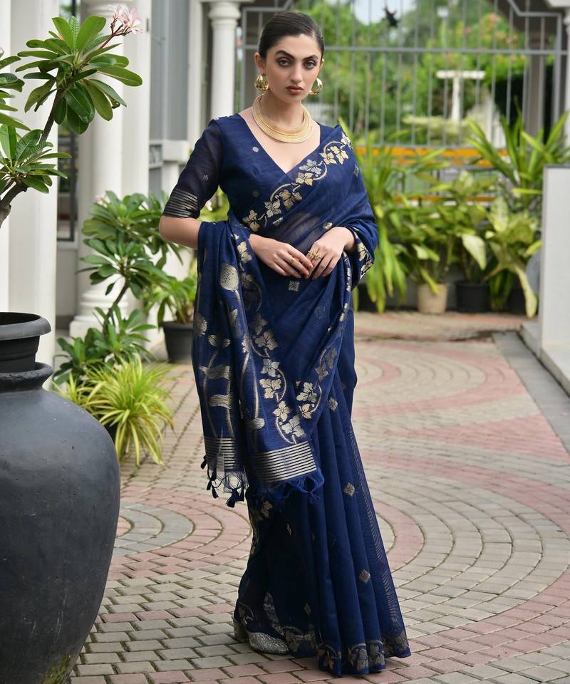 Navy blue color double shaded zari weaves jute linen silk saree