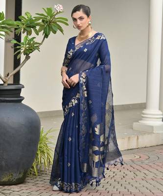 navy blue double shaded jute linen silk saree 2