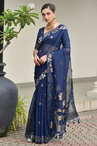 navy blue double shaded jute linen silk saree