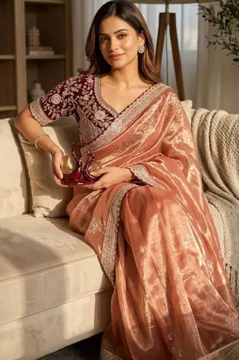 peach satin embroidered saree with designer maroon blouse