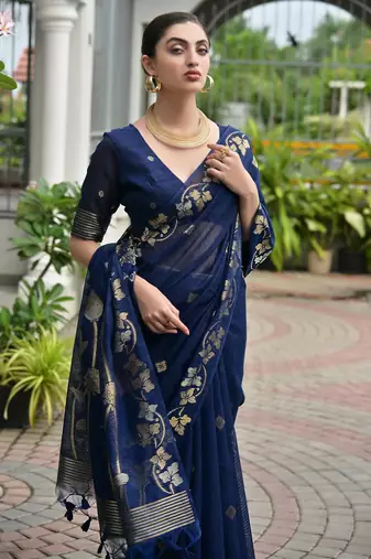 navy blue double shaded jute linen silk saree