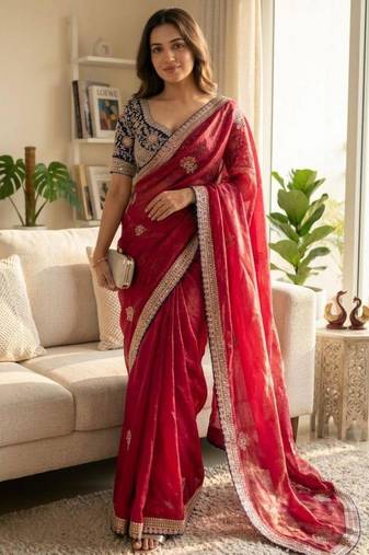 Pink satin embroidered saree