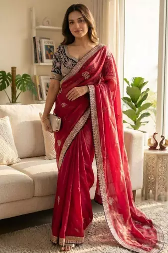 Pink satin embroidered saree