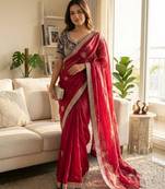Pink satin embroidered saree