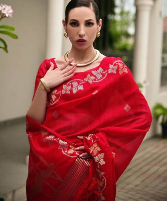 red double shaded jute linen silk saree 2