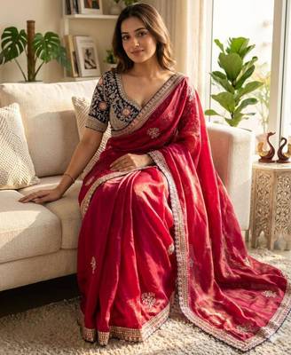 pink satin embroidered saree with velvet designer blouse 2