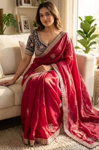 pink satin embroidered saree with velvet designer blouse