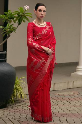 Red color double shaded zari weaves jute linen silk saree