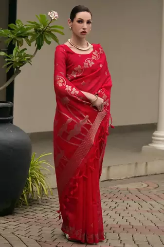 Red color double shaded zari weaves jute linen silk saree