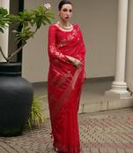 Red color double shaded zari weaves jute linen silk saree