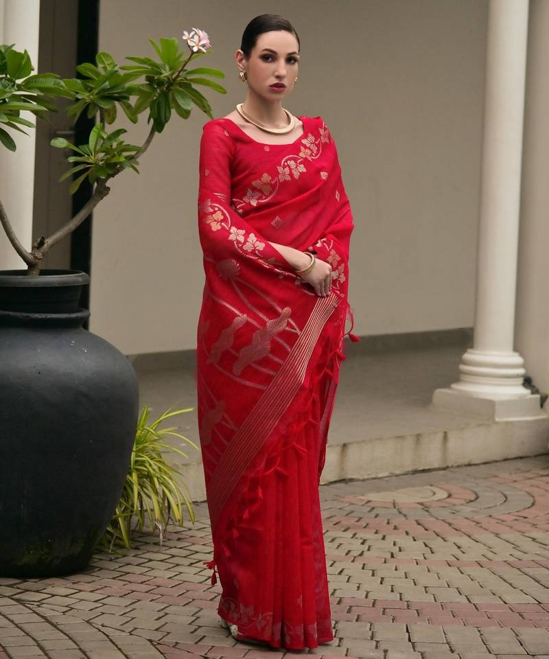 Red color double shaded zari weaves jute linen silk saree