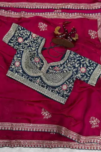 pink satin embroidered saree with velvet designer blouse