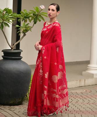 red double shaded jute linen silk saree 3