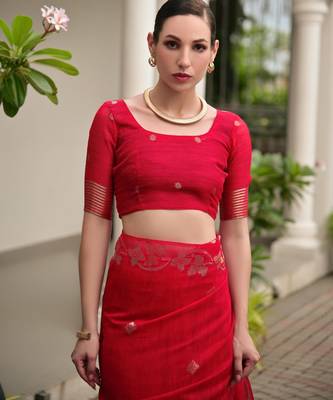 red double shaded jute linen silk saree 4