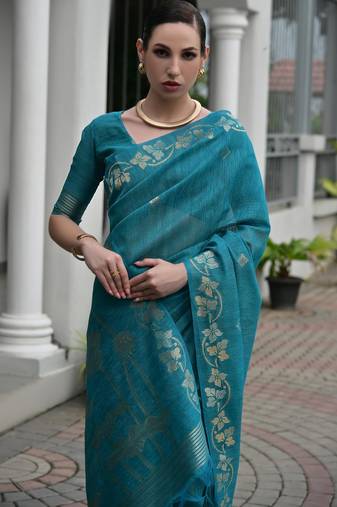 Teal color double shaded zari weaves jute linen silk saree