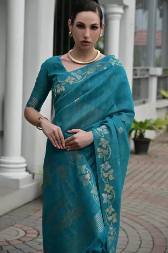 Teal color double shaded zari weaves jute linen silk saree