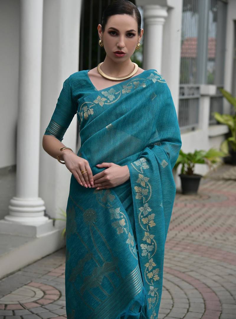 Teal color double shaded zari weaves jute linen silk saree