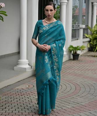 teal double shaded jute linen silk saree 2