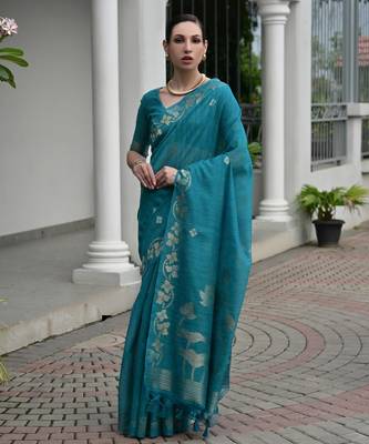 teal double shaded jute linen silk saree 3