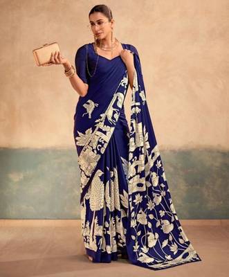 Navy blue satin printed saree 1