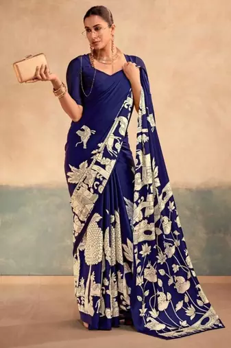 Navy blue satin printed saree