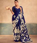Navy blue satin printed saree