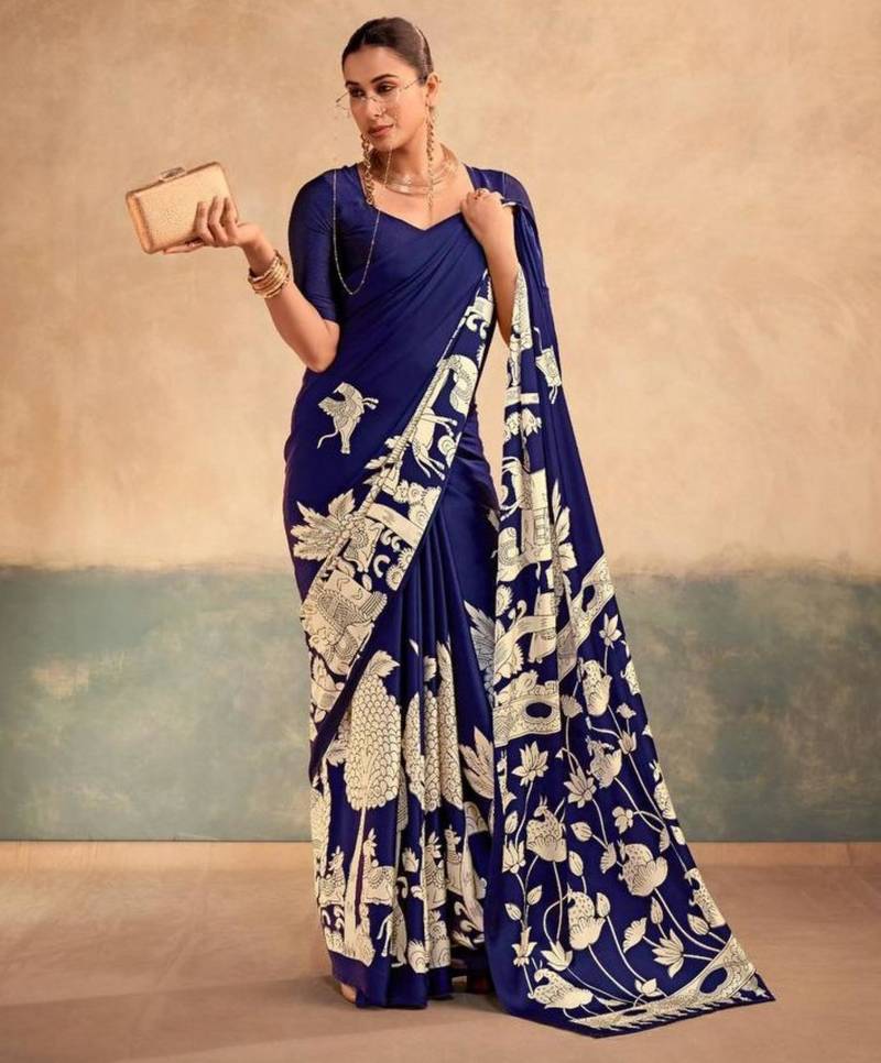 Navy blue satin printed saree