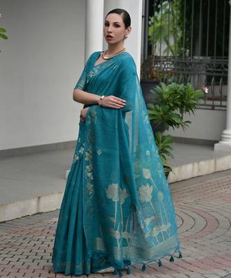 teal double shaded jute linen silk saree 4
