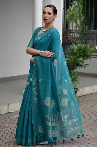 teal double shaded jute linen silk saree